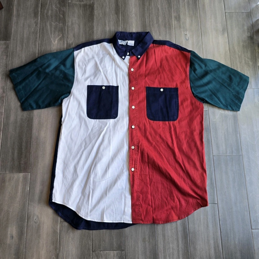 Vintage 90s Color Block Shirt Mens L Jazzman Sportwear 100% Cotton Shortsleeve